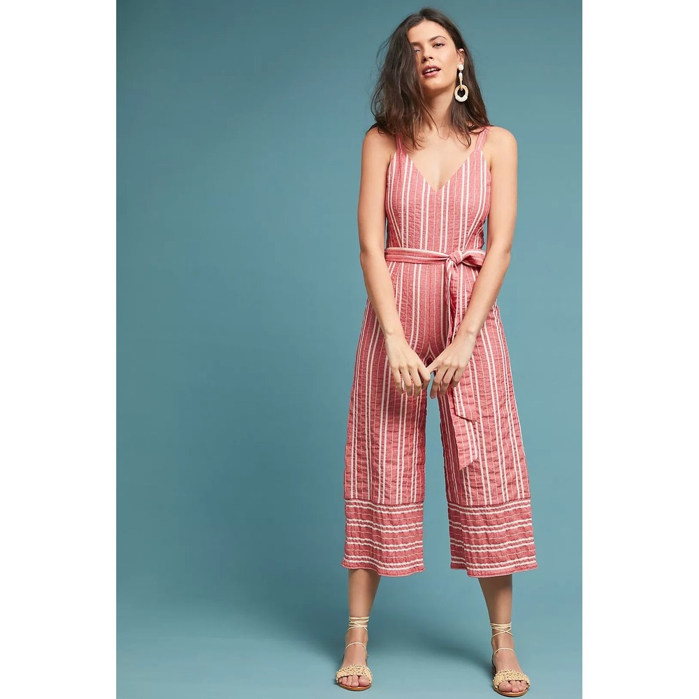 Ett Twa Anthropologie Robin Cropped Wide-Leg Jumpsuit Red White Striped Small‎